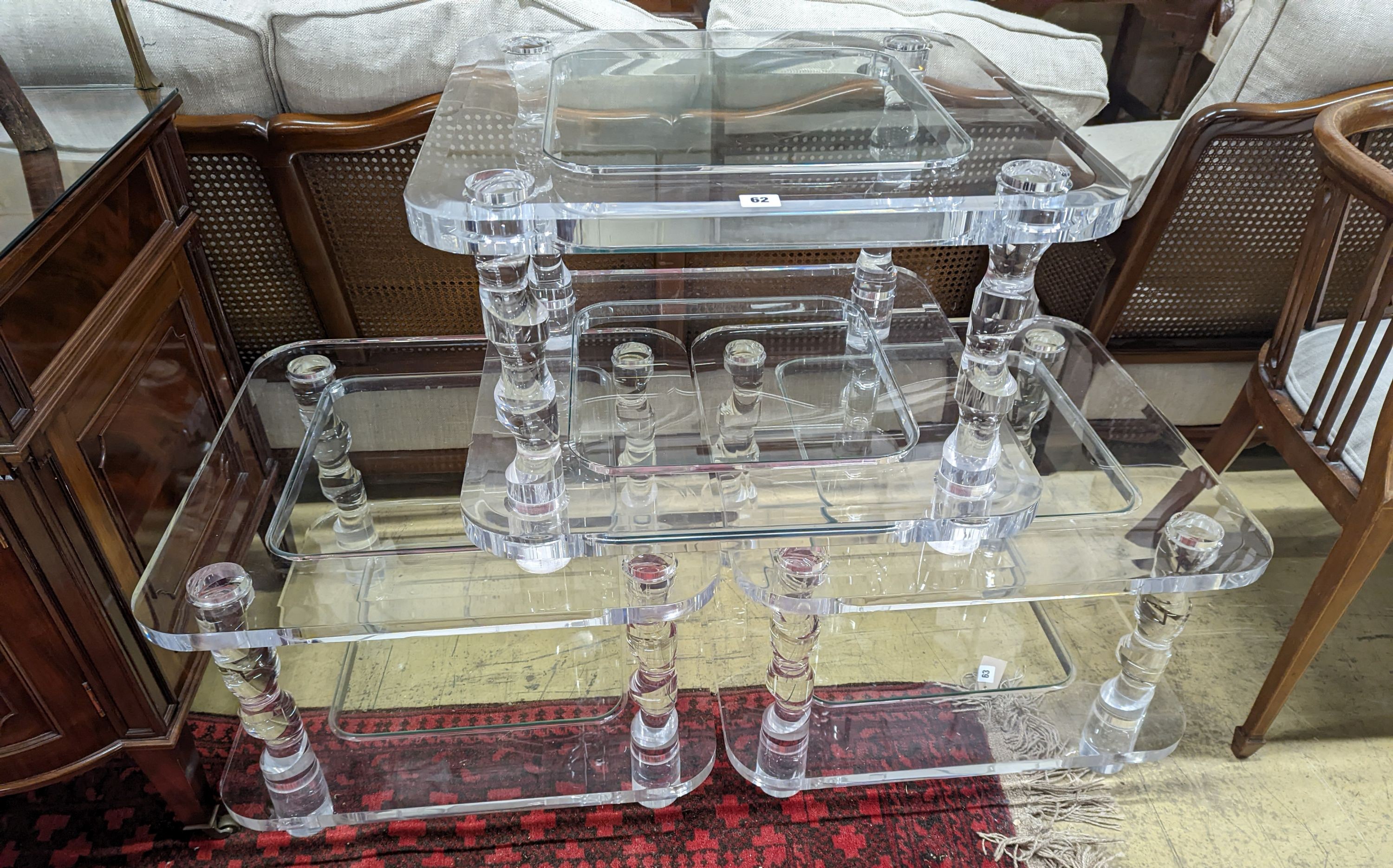 A set of three contemporary square perspex and glass two tier occasional tables, width 60cm, height 40cm